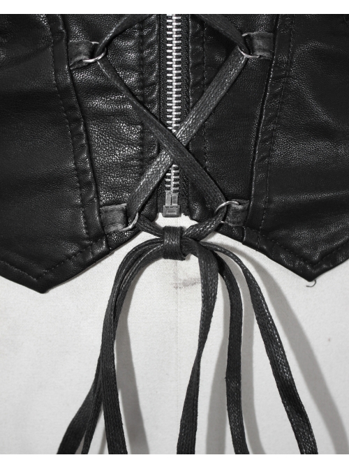 Metal Hasp High Collar Front Chest Splice Broken Holes Mesh Lace-Up Black Punk Coat