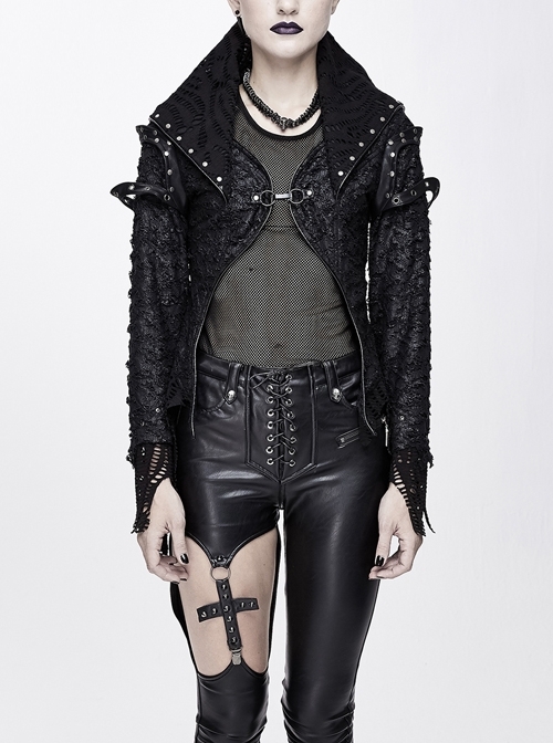 Metal Nail Decoration Rough Mesh Cuff Black Punk Broken Holes Leather Coat