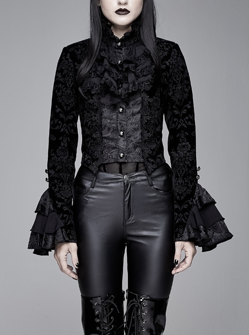 Women High Collar Front Chest Lace Frill Metal Retro Button Flare Cuff Black Gothic Jacquard Velvet Coat