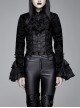 Women High Collar Front Chest Lace Frill Metal Retro Button Flare Cuff Black Gothic Jacquard Velvet Coat