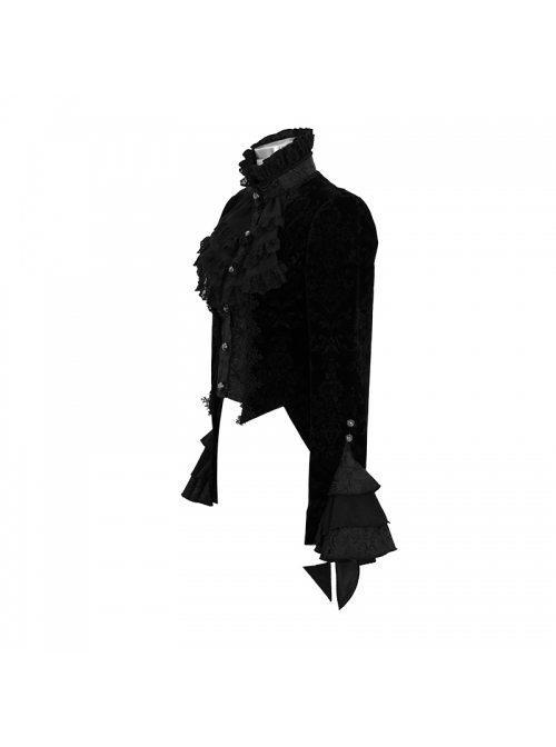 Women High Collar Front Chest Lace Frill Metal Retro Button Flare Cuff Black Gothic Jacquard Velvet Coat