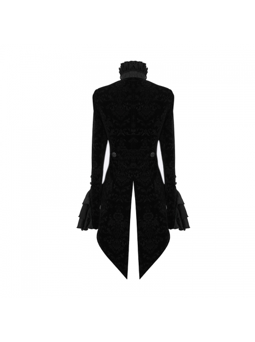 Women High Collar Front Chest Lace Frill Metal Retro Button Flare Cuff Black Gothic Jacquard Velvet Coat