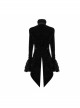 Women High Collar Front Chest Lace Frill Metal Retro Button Flare Cuff Black Gothic Jacquard Velvet Coat