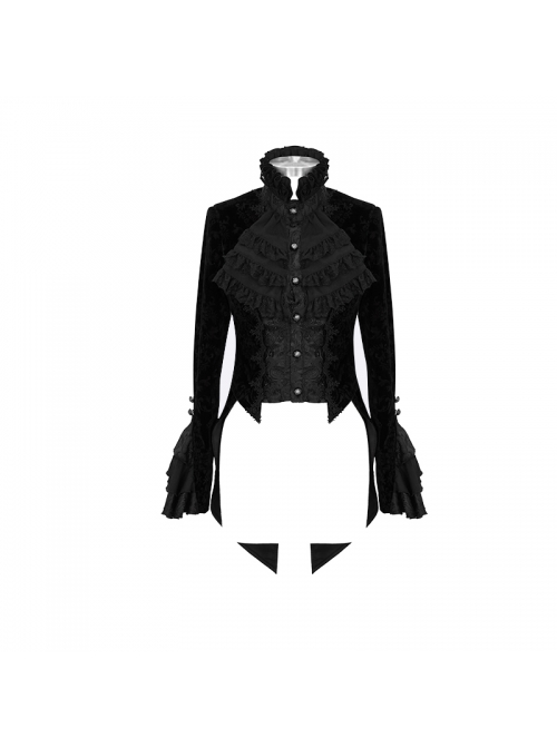 Women High Collar Front Chest Lace Frill Metal Retro Button Flare Cuff Black Gothic Jacquard Velvet Coat