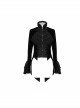 Women High Collar Front Chest Lace Frill Metal Retro Button Flare Cuff Black Gothic Jacquard Velvet Coat