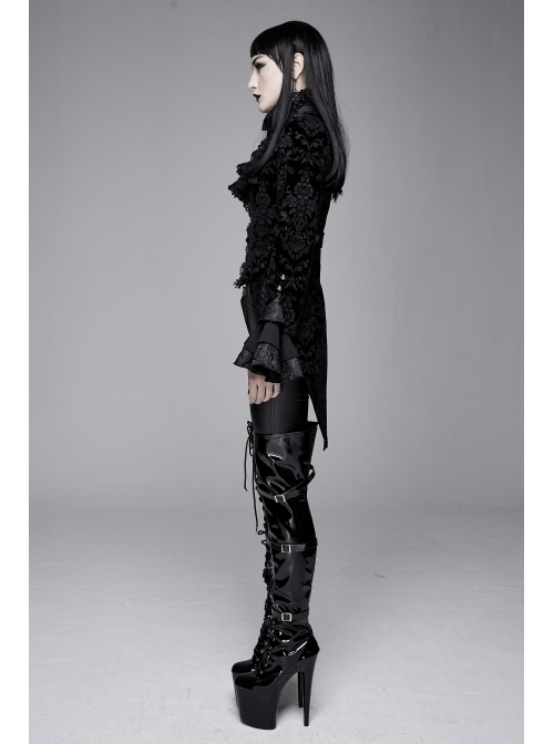 Women High Collar Front Chest Lace Frill Metal Retro Button Flare Cuff Black Gothic Jacquard Velvet Coat