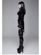 Women High Collar Front Chest Lace Frill Metal Retro Button Flare Cuff Black Gothic Jacquard Velvet Coat