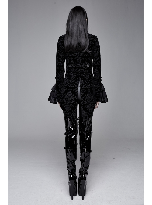 Women High Collar Front Chest Lace Frill Metal Retro Button Flare Cuff Black Gothic Jacquard Velvet Coat