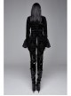 Women High Collar Front Chest Lace Frill Metal Retro Button Flare Cuff Black Gothic Jacquard Velvet Coat