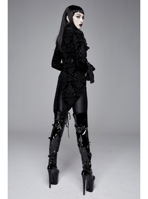 Women High Collar Front Chest Lace Frill Metal Retro Button Flare Cuff Black Gothic Jacquard Velvet Coat