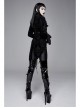 Women High Collar Front Chest Lace Frill Metal Retro Button Flare Cuff Black Gothic Jacquard Velvet Coat