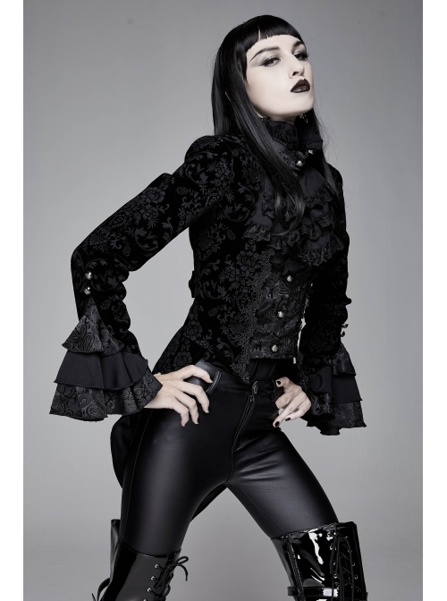 Women High Collar Front Chest Lace Frill Metal Retro Button Flare Cuff Black Gothic Jacquard Velvet Coat