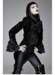 Women High Collar Front Chest Lace Frill Metal Retro Button Flare Cuff Black Gothic Jacquard Velvet Coat