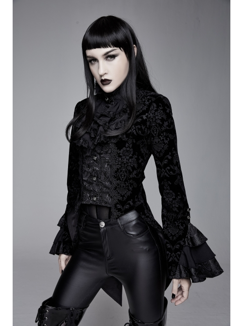 Women High Collar Front Chest Lace Frill Metal Retro Button Flare Cuff Black Gothic Jacquard Velvet Coat
