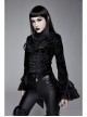 Women High Collar Front Chest Lace Frill Metal Retro Button Flare Cuff Black Gothic Jacquard Velvet Coat