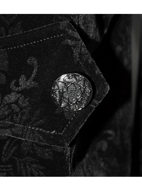 Women High Collar Front Chest Lace Frill Metal Retro Button Flare Cuff Black Gothic Jacquard Velvet Coat
