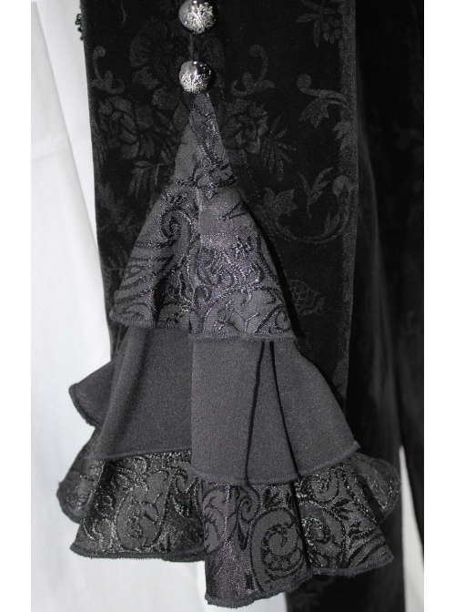 Women High Collar Front Chest Lace Frill Metal Retro Button Flare Cuff Black Gothic Jacquard Velvet Coat