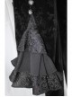 Women High Collar Front Chest Lace Frill Metal Retro Button Flare Cuff Black Gothic Jacquard Velvet Coat
