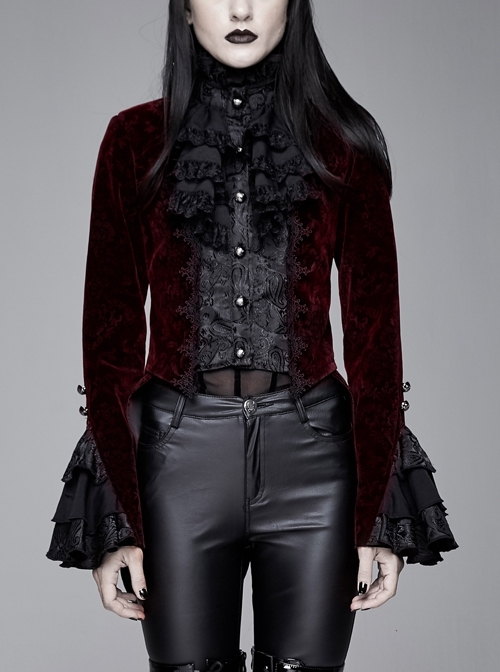 Women High Collar Front Chest Lace Frill Metal Retro Button Flare Cuff Wine Red Gothic Jacquard Velvet Coat