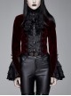 Women High Collar Front Chest Lace Frill Metal Retro Button Flare Cuff Wine Red Gothic Jacquard Velvet Coat