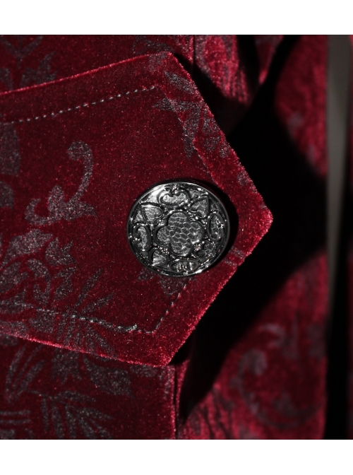 Women High Collar Front Chest Lace Frill Metal Retro Button Flare Cuff Wine Red Gothic Jacquard Velvet Coat