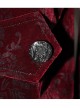 Women High Collar Front Chest Lace Frill Metal Retro Button Flare Cuff Wine Red Gothic Jacquard Velvet Coat