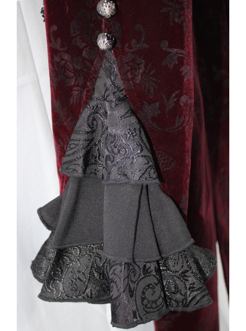 Women High Collar Front Chest Lace Frill Metal Retro Button Flare Cuff Wine Red Gothic Jacquard Velvet Coat