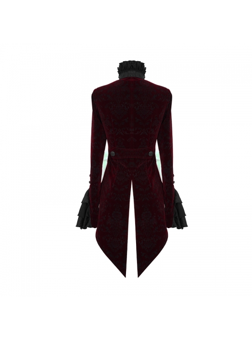 Women High Collar Front Chest Lace Frill Metal Retro Button Flare Cuff Wine Red Gothic Jacquard Velvet Coat