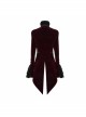 Women High Collar Front Chest Lace Frill Metal Retro Button Flare Cuff Wine Red Gothic Jacquard Velvet Coat