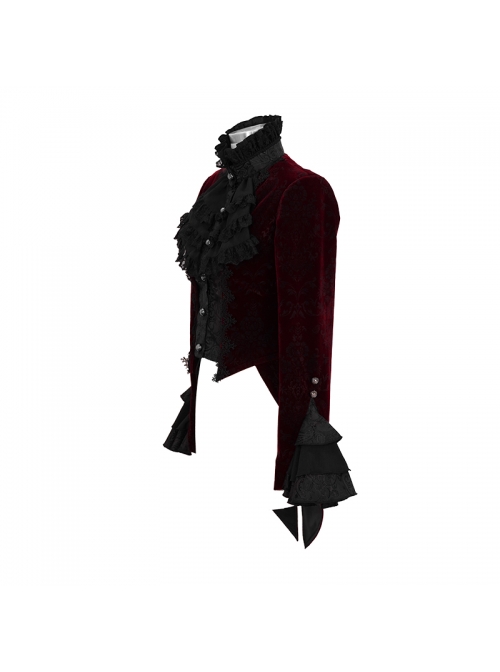 Women High Collar Front Chest Lace Frill Metal Retro Button Flare Cuff Wine Red Gothic Jacquard Velvet Coat