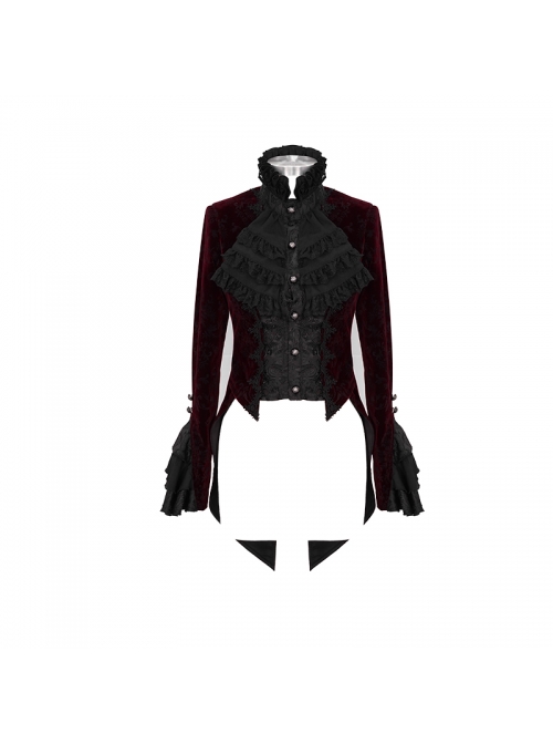 Women High Collar Front Chest Lace Frill Metal Retro Button Flare Cuff Wine Red Gothic Jacquard Velvet Coat