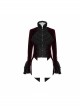 Women High Collar Front Chest Lace Frill Metal Retro Button Flare Cuff Wine Red Gothic Jacquard Velvet Coat