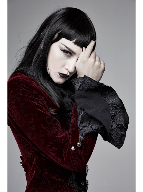 Women High Collar Front Chest Lace Frill Metal Retro Button Flare Cuff Wine Red Gothic Jacquard Velvet Coat