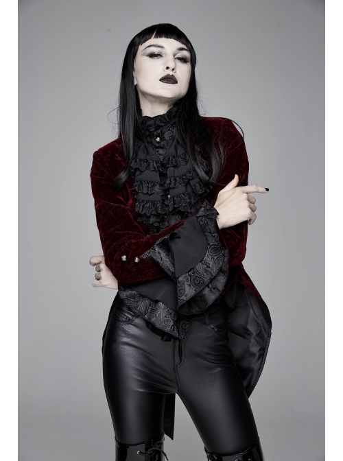 Women High Collar Front Chest Lace Frill Metal Retro Button Flare Cuff Wine Red Gothic Jacquard Velvet Coat