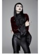 Women High Collar Front Chest Lace Frill Metal Retro Button Flare Cuff Wine Red Gothic Jacquard Velvet Coat