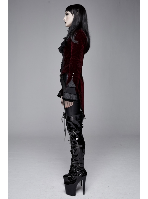 Women High Collar Front Chest Lace Frill Metal Retro Button Flare Cuff Wine Red Gothic Jacquard Velvet Coat