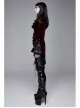 Women High Collar Front Chest Lace Frill Metal Retro Button Flare Cuff Wine Red Gothic Jacquard Velvet Coat