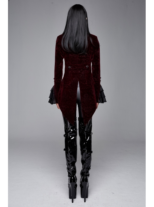 Women High Collar Front Chest Lace Frill Metal Retro Button Flare Cuff Wine Red Gothic Jacquard Velvet Coat