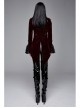 Women High Collar Front Chest Lace Frill Metal Retro Button Flare Cuff Wine Red Gothic Jacquard Velvet Coat