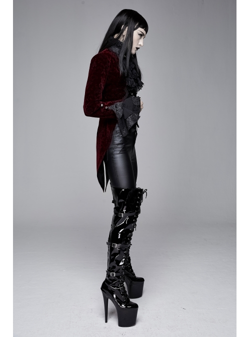 Women High Collar Front Chest Lace Frill Metal Retro Button Flare Cuff Wine Red Gothic Jacquard Velvet Coat