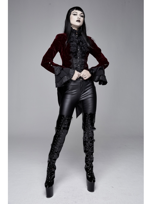 Women High Collar Front Chest Lace Frill Metal Retro Button Flare Cuff Wine Red Gothic Jacquard Velvet Coat