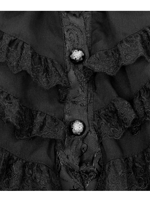 Women High Collar Front Chest Lace Frill Metal Retro Button Flare Cuff Wine Red Gothic Jacquard Velvet Coat