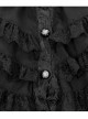 Women High Collar Front Chest Lace Frill Metal Retro Button Flare Cuff Wine Red Gothic Jacquard Velvet Coat