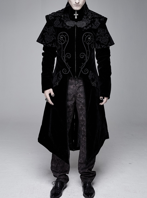 Stand-Up Collar Waist Hand Embroidered Cross Rivet Black Gothic Weft Velveteen Coat
