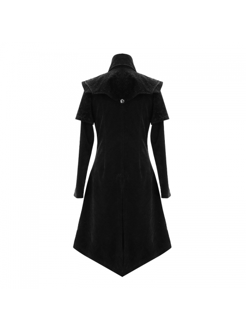Stand-Up Collar Waist Hand Embroidered Cross Rivet Black Gothic Weft Velveteen Coat