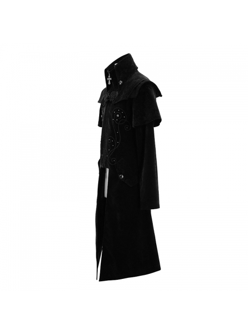 Stand-Up Collar Waist Hand Embroidered Cross Rivet Black Gothic Weft Velveteen Coat