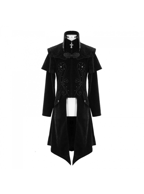 Stand-Up Collar Waist Hand Embroidered Cross Rivet Black Gothic Weft Velveteen Coat