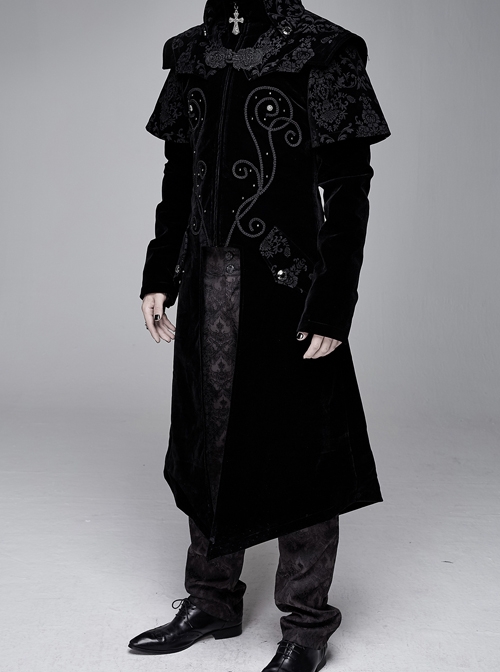 Stand-Up Collar Waist Hand Embroidered Cross Rivet Black Gothic Weft Velveteen Coat