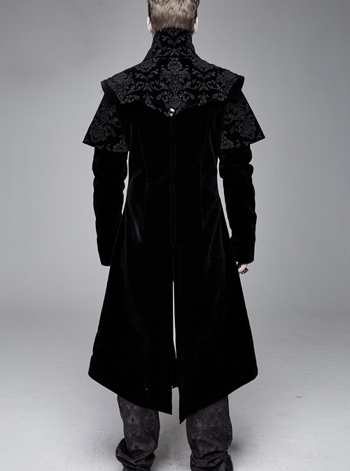 Stand-Up Collar Waist Hand Embroidered Cross Rivet Black Gothic Weft Velveteen Coat