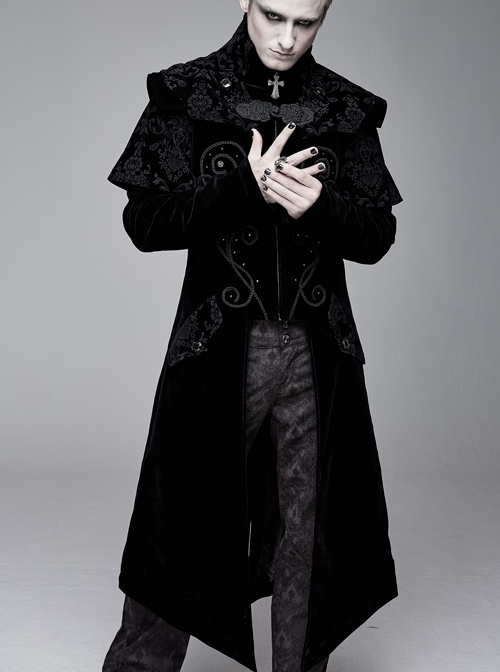 Stand-Up Collar Waist Hand Embroidered Cross Rivet Black Gothic Weft Velveteen Coat